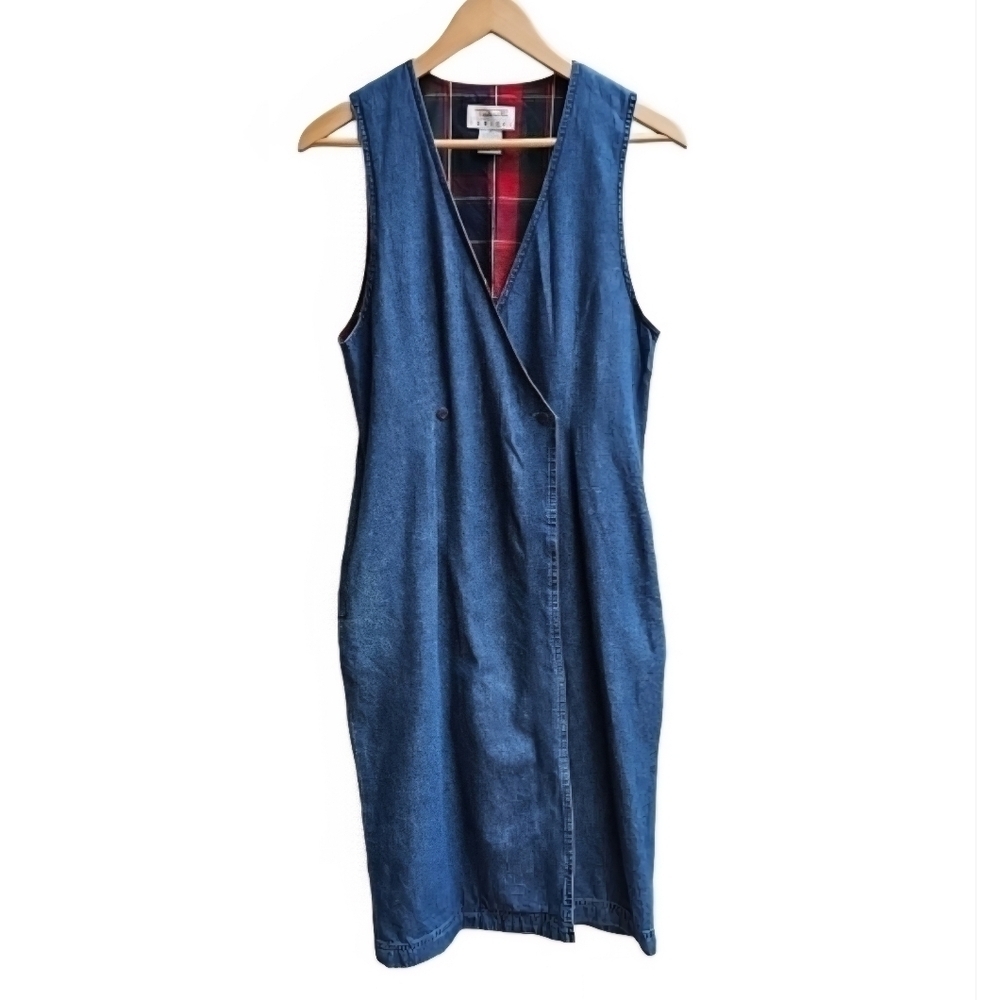 Vintage Talbots Denim Plaid Lined Double Breasted Sleeveless Dress, Size 4P